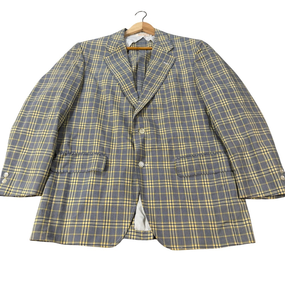 Vintage Brooks Brothers Mens 46L Plaid 2-Button Blazer Sport Coat Blue Yellow